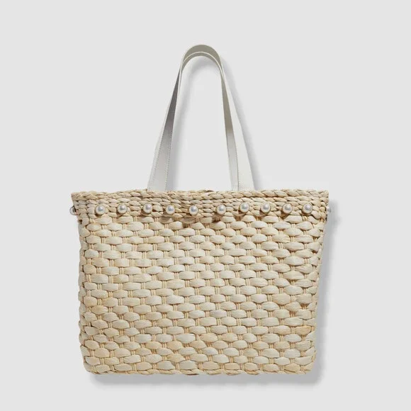 $279 BTB Los Angeles Women's Beige Thea Pearl Woven Straw Shoulder Tote Bag - Picture 1 of 3